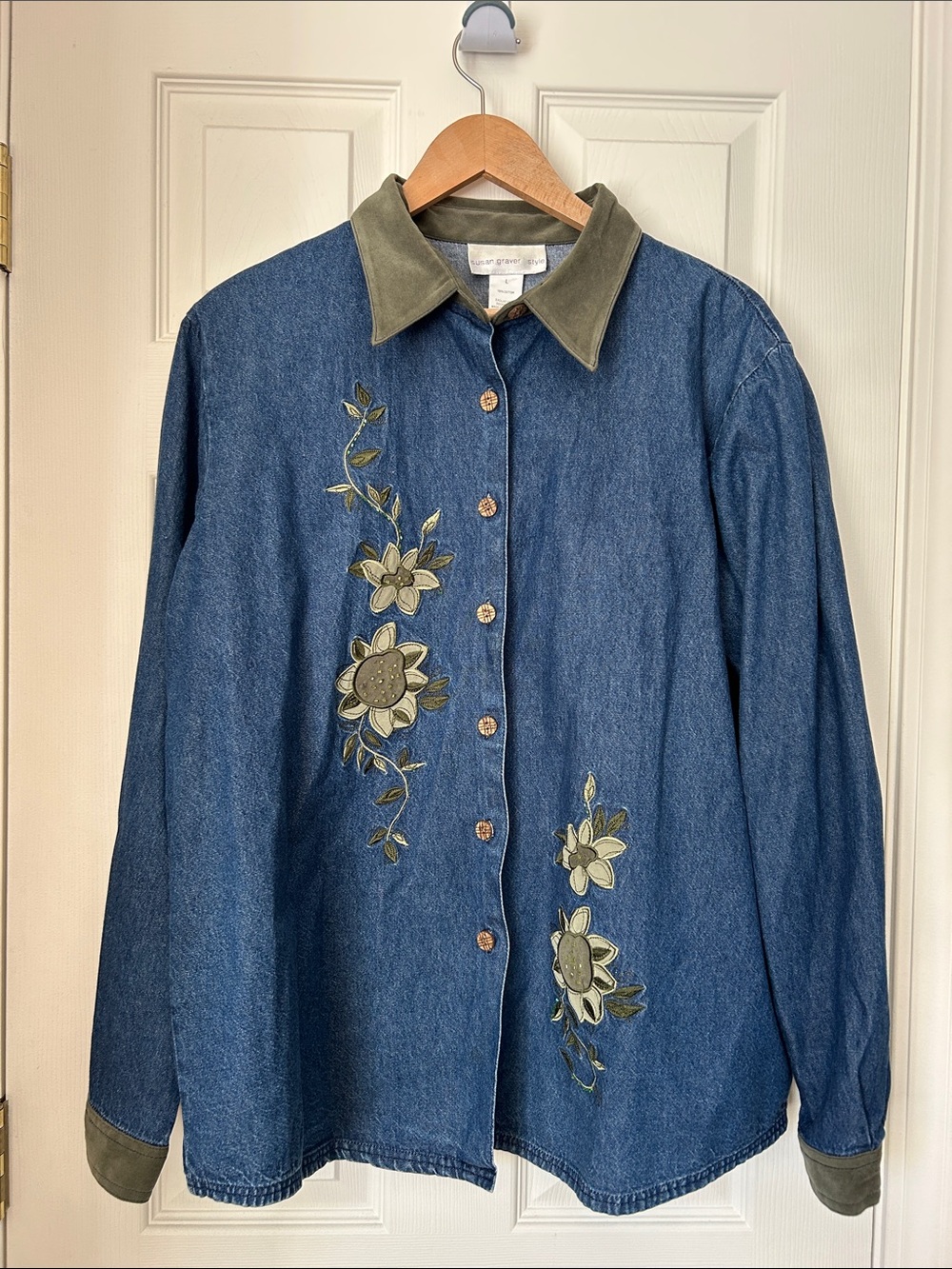 Susan Graver Blue Denim Button-Down with Olive Floral Embroidery